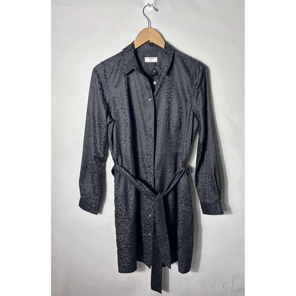 UNTUCKit Anna Shirt Dress Womens 6 Black Jacquard Animal Belted Long Sleeve